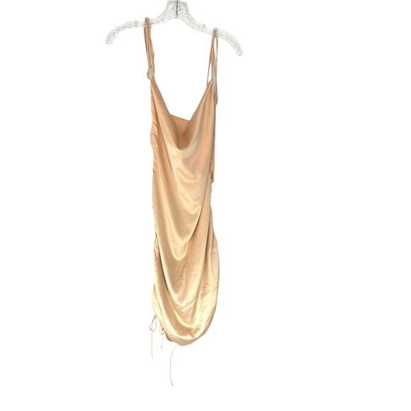 NWT LEAU Cabo Gold Champagne Satin Ruched Party Bodycon Mini Dress Size Small - Picture 2 of 9